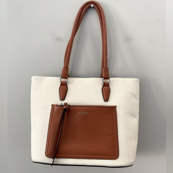 David Jones Paris Vegan Leather Braided Strap Cream and Brown Tote Shoulder Bag - Picture 1 of 5